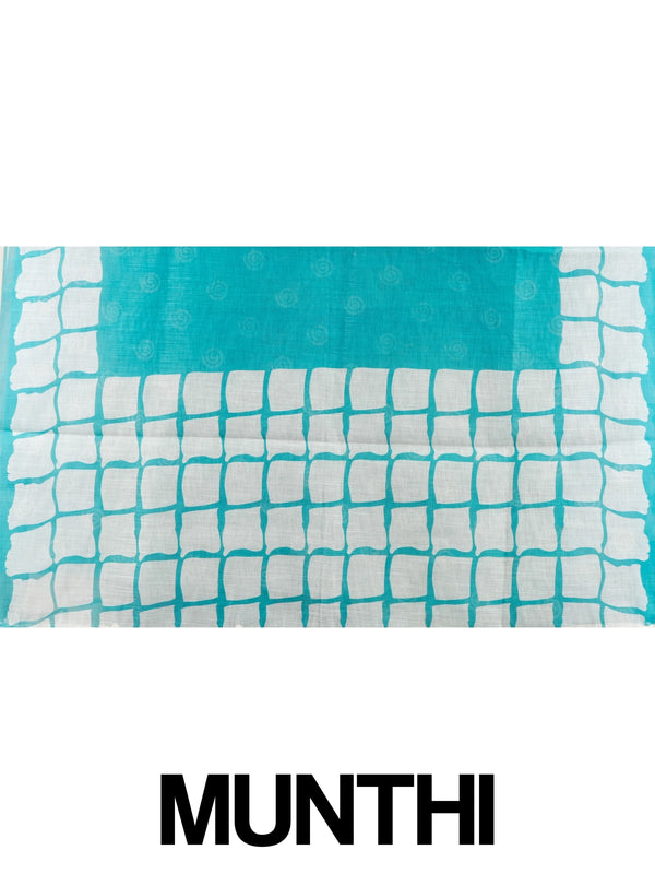 Teal and off-white linen cotton saree with batik grid border and white spiral motifs