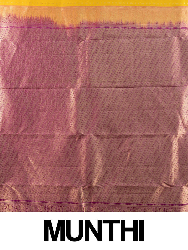 Mustard yellow pure Kanchipuram silk saree with magenta contrast gold zari border and pallu