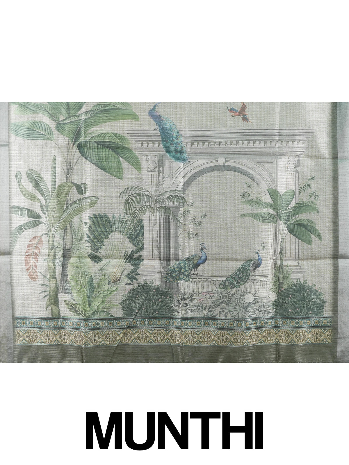 Grey and green semi tussar saree with floral buttas, silver-grey zari border and peacock scenic pallu