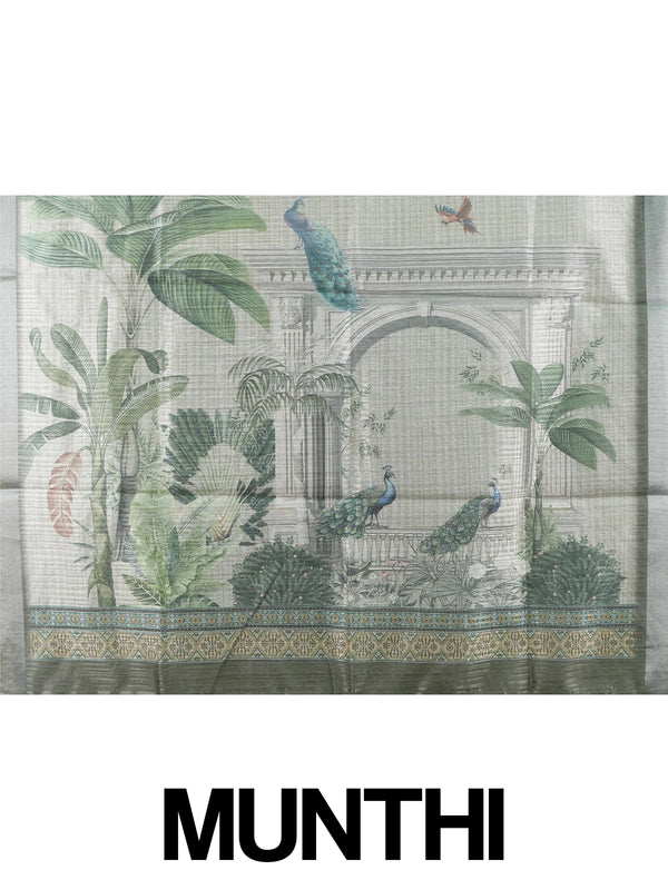 Grey and green semi tussar saree with floral buttas, silver-grey zari border and peacock scenic pallu