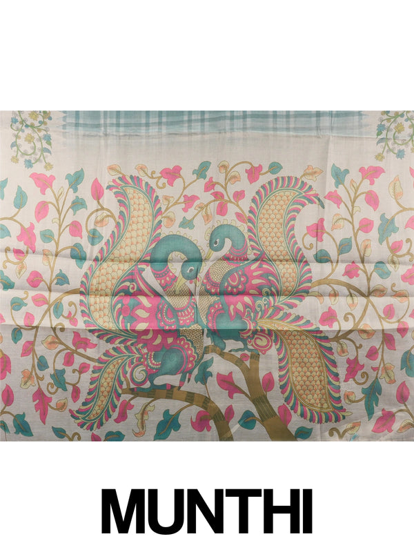 Teal blue and cream linen cotton saree with checked body and Kalamkari peacock printed pallu