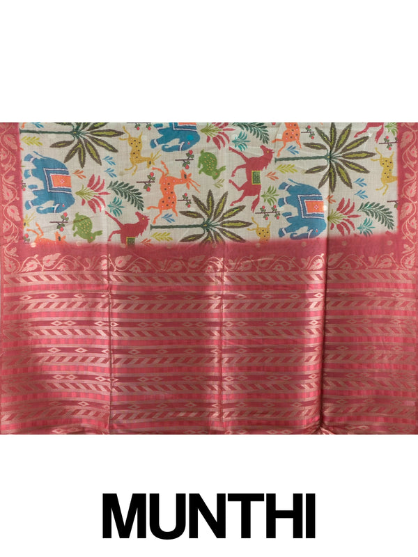 Cream linen cotton saree with multicolour Patola-style animal print and contrast red zari border