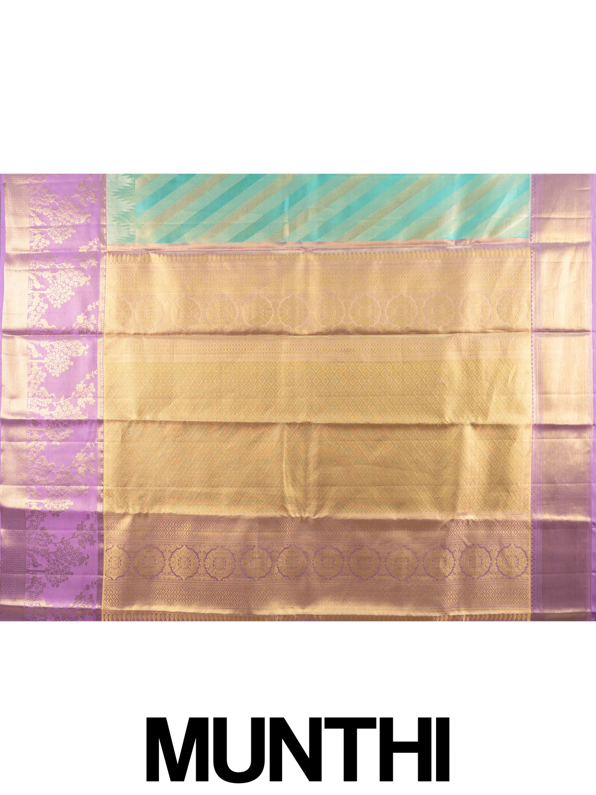 Turquoise green pure Kanchipuram silk saree with diagonal gold zari stripes and contrast lavender zari border