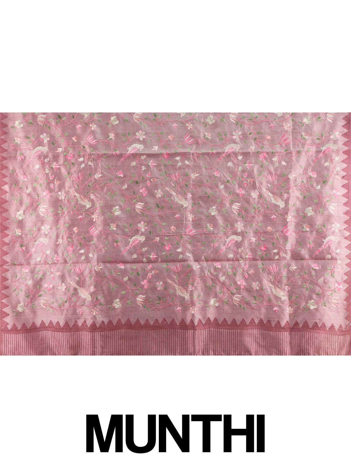 Dusty rose pink designer saree with floral and bird thread embroidery and temple border