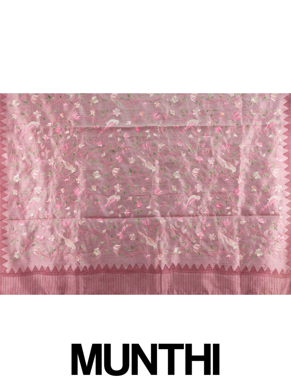 Dusty rose pink designer saree with floral and bird thread embroidery and temple border