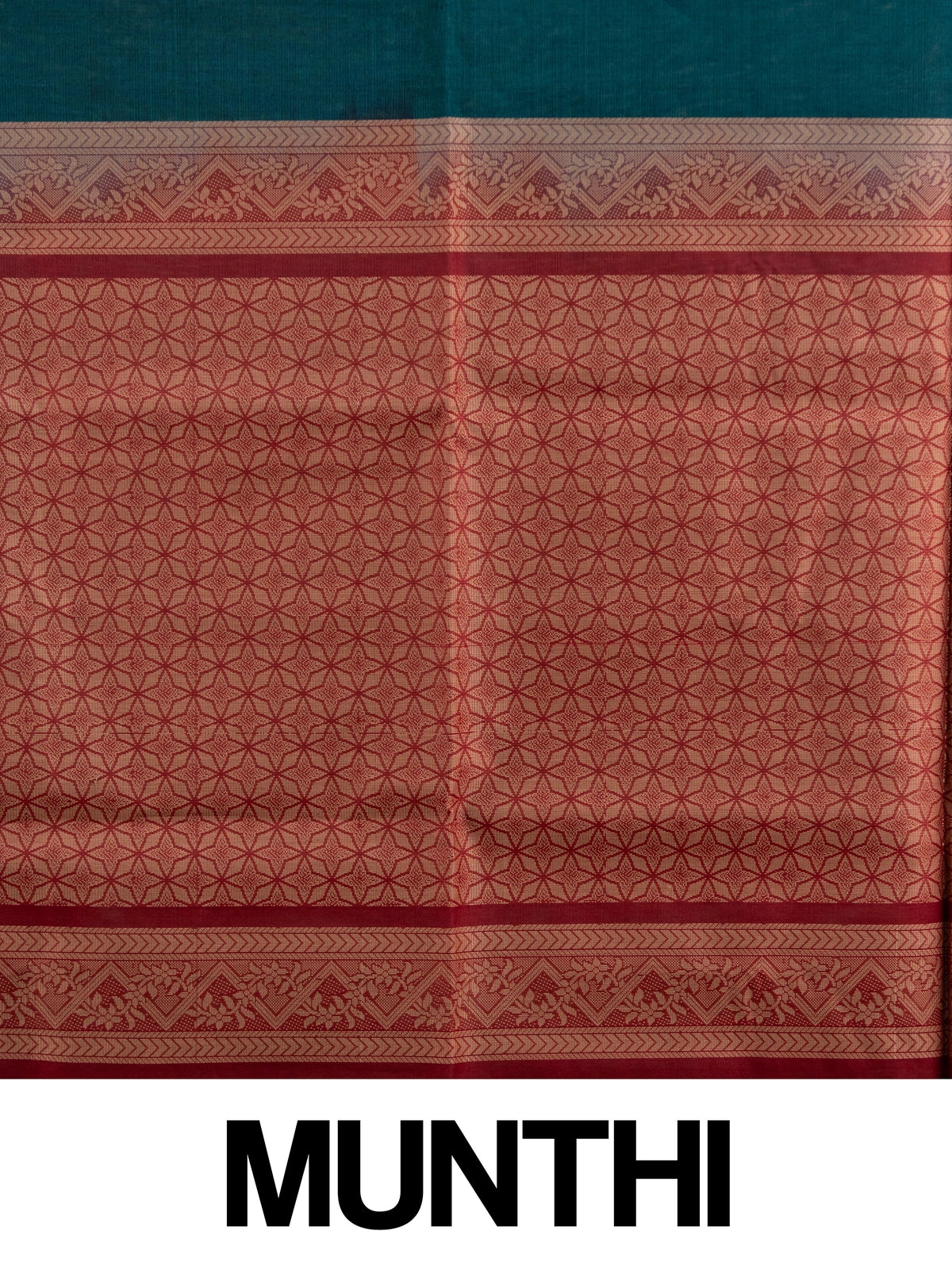 Teal green pure silk cotton saree with contrast maroon border, woven butta motifs, and geometric maroon pallu