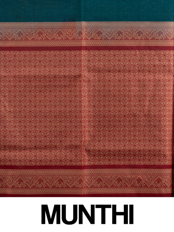 Teal green pure silk cotton saree with contrast maroon border, woven butta motifs, and geometric maroon pallu