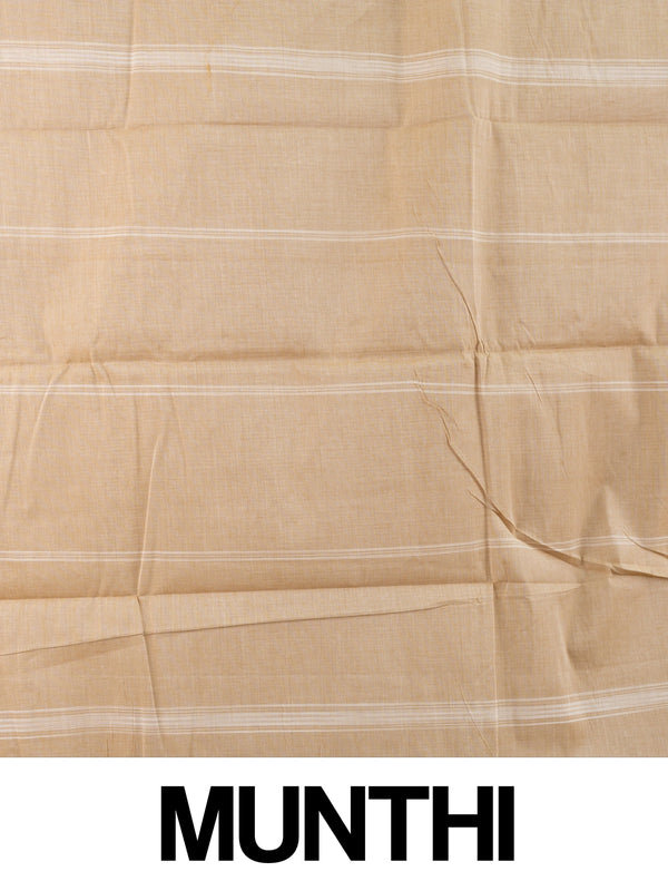Cream and gold silk cotton saree with striped body, golden zari border and striped pallu