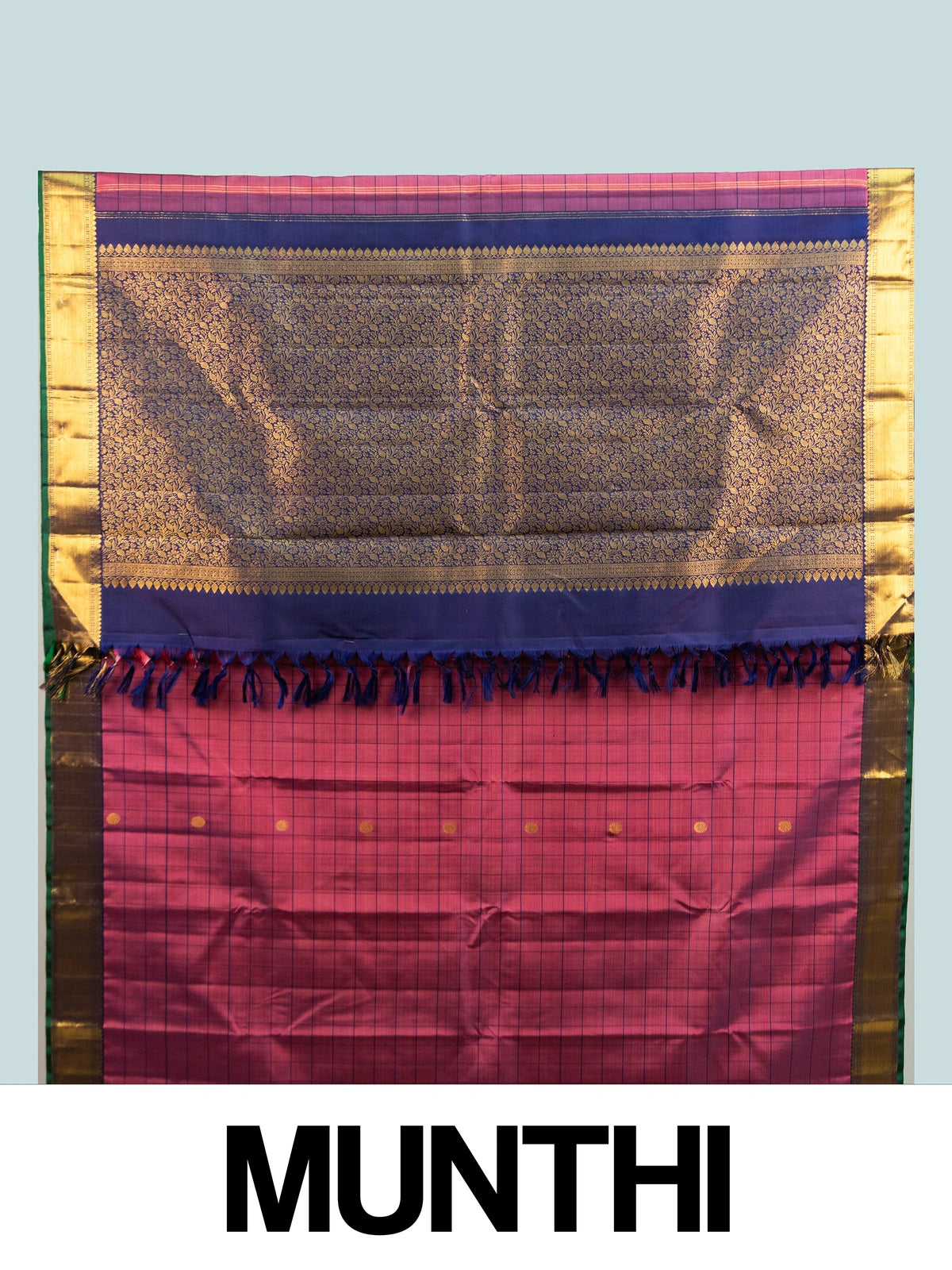 Onion pink and navy blue pure Kanchipuram silk saree with checked body, gold zari border and floral zari pallu
