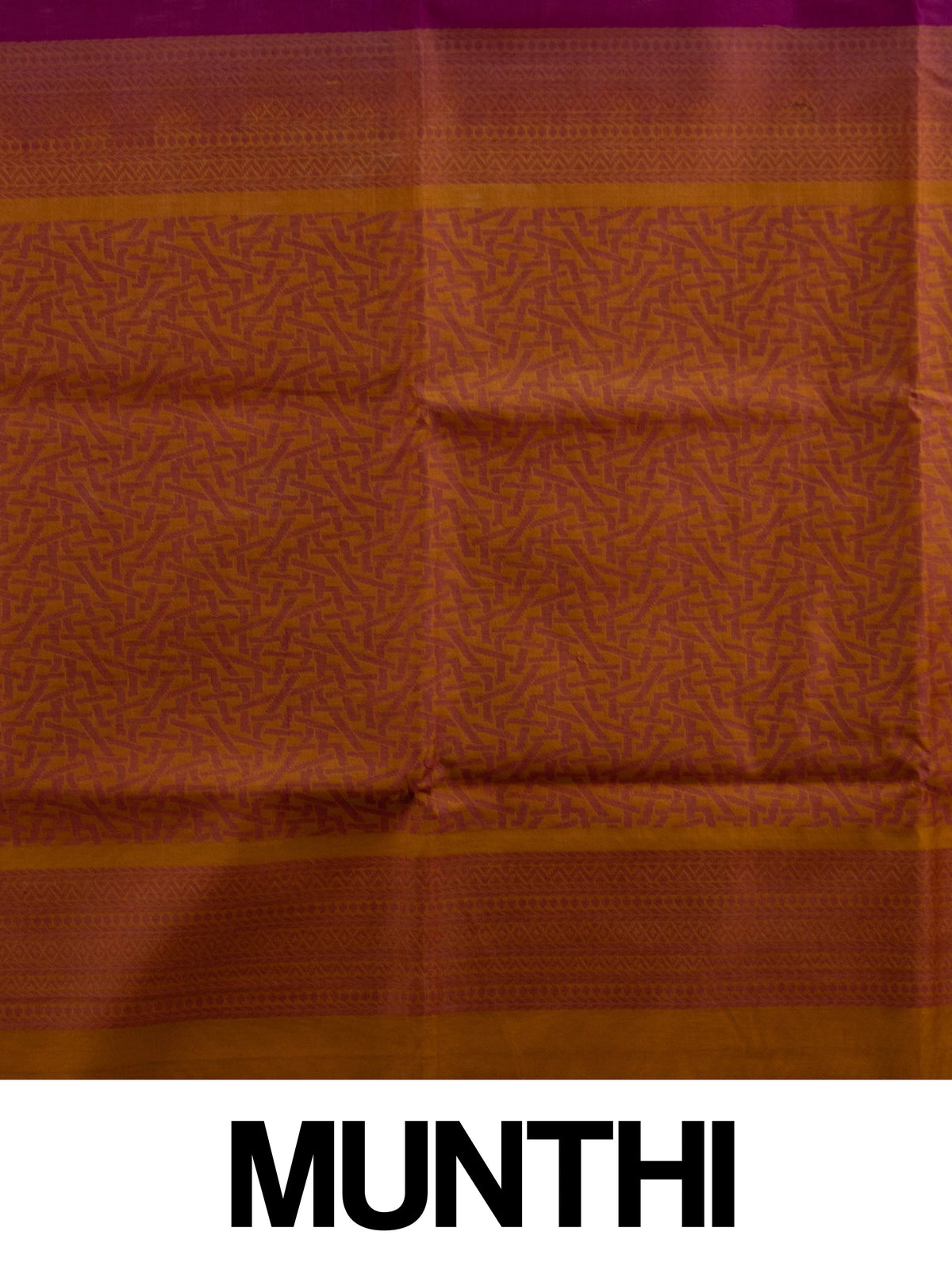 Magenta purple pure silk cotton saree with contrast mustard border, geometric gold buttas and tasselled pallu