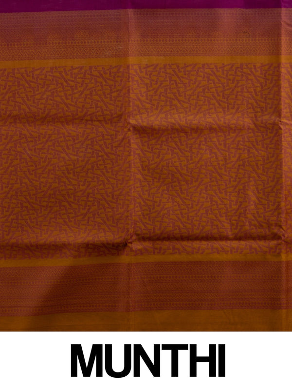 Magenta purple pure silk cotton saree with contrast mustard border, geometric gold buttas and tasselled pallu