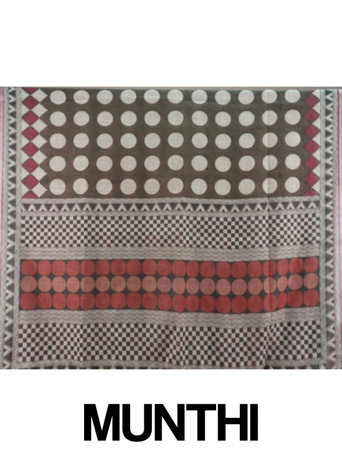 Olive brown and cream polka dot linen cotton saree with maroon geometric border and contrast blouse