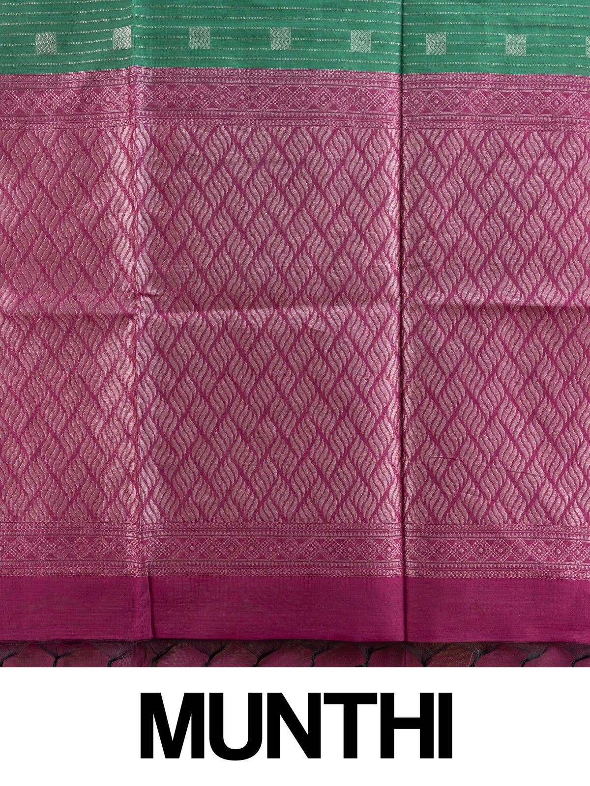 Bottle green silk cotton saree with silver zari stripes and contrast magenta border and pallu