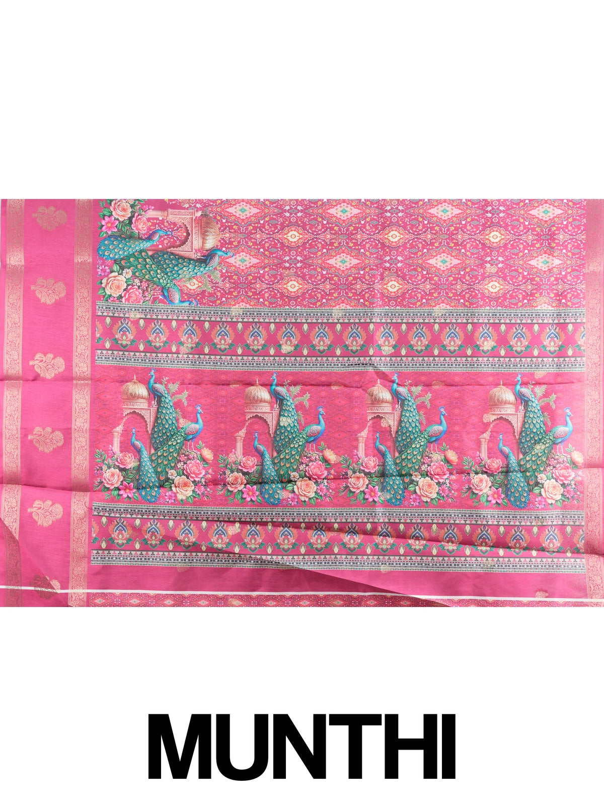 Pink Dola silk saree with patola print body, gold zari border and peacock floral pallu
