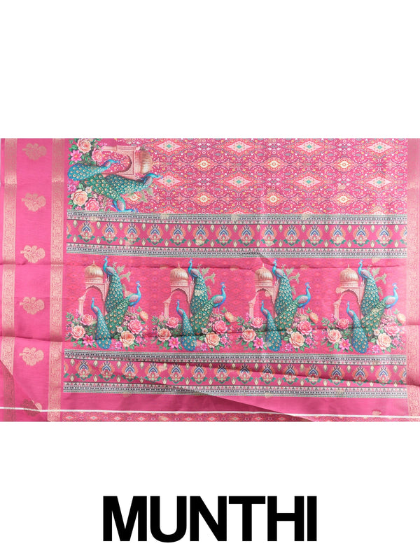 Pink Dola silk saree with patola print body, gold zari border and peacock floral pallu