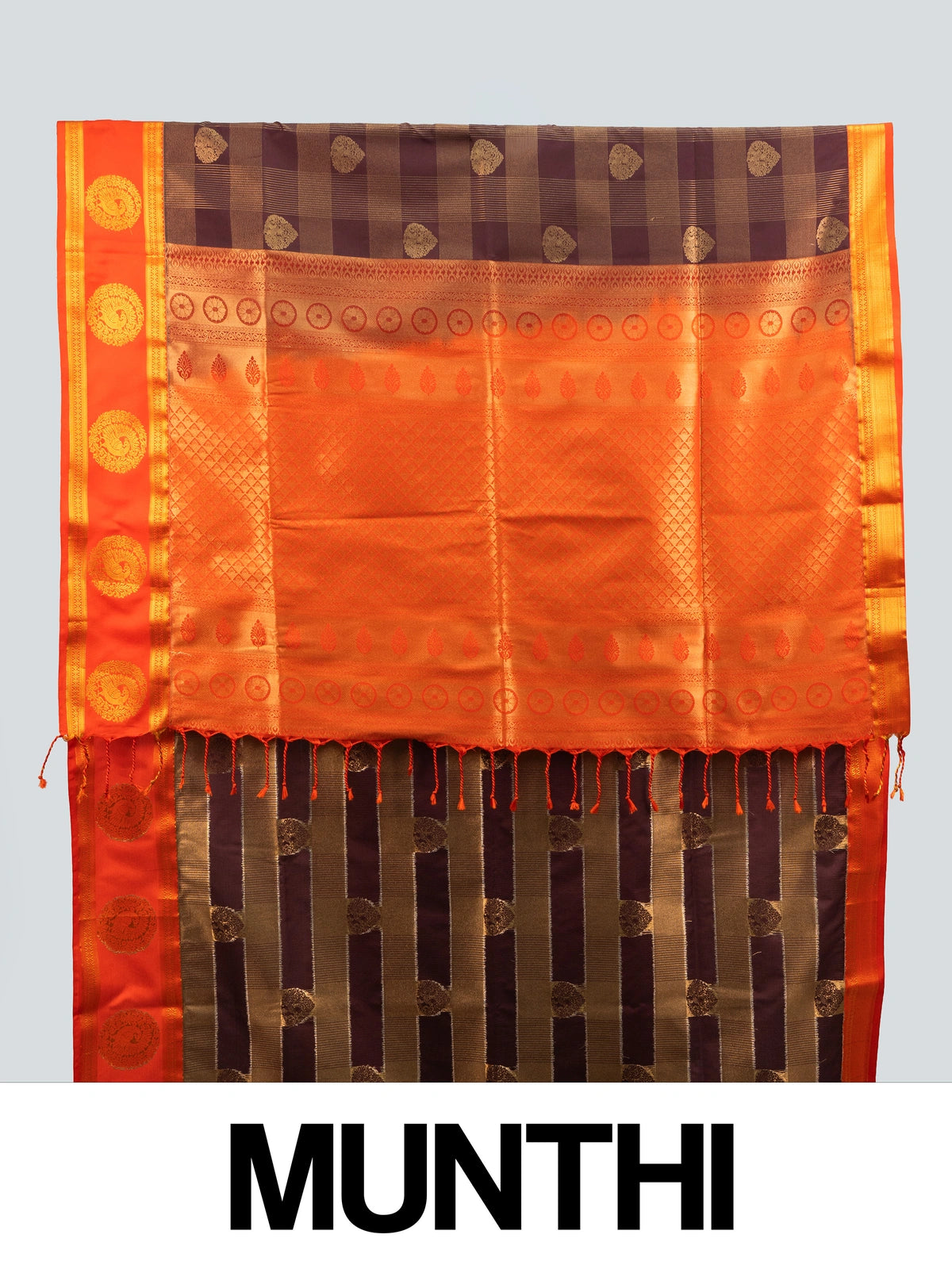 Brown and orange Kanchipuram Fancy Silk saree with gold zari checks and contrast border