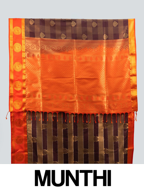 Brown and orange Kanchipuram Fancy Silk saree with gold zari checks and contrast border