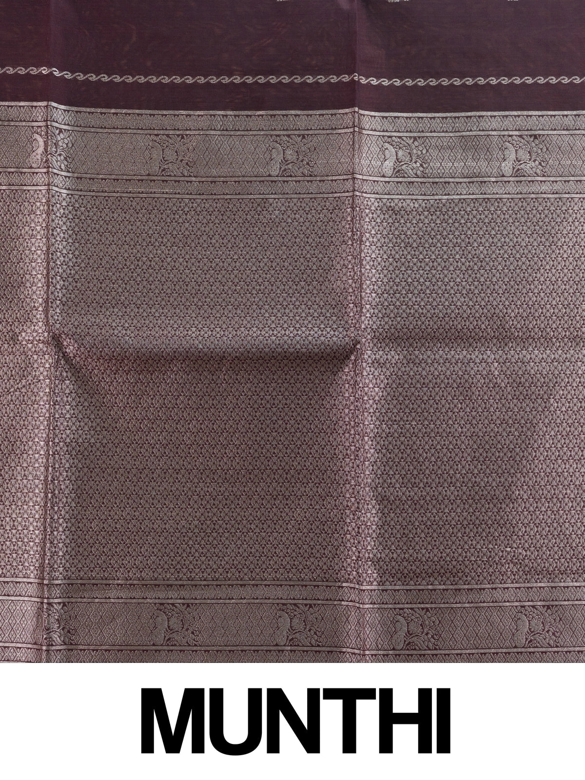 Wine silk cotton saree with silver zari buttas and contrast peacock-motif border