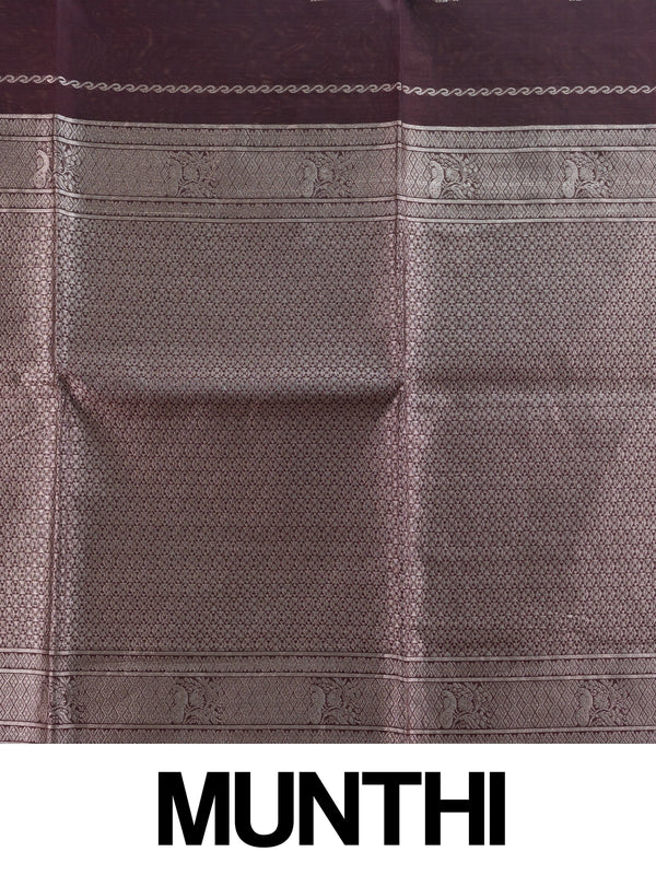 Wine silk cotton saree with silver zari buttas and contrast peacock-motif border