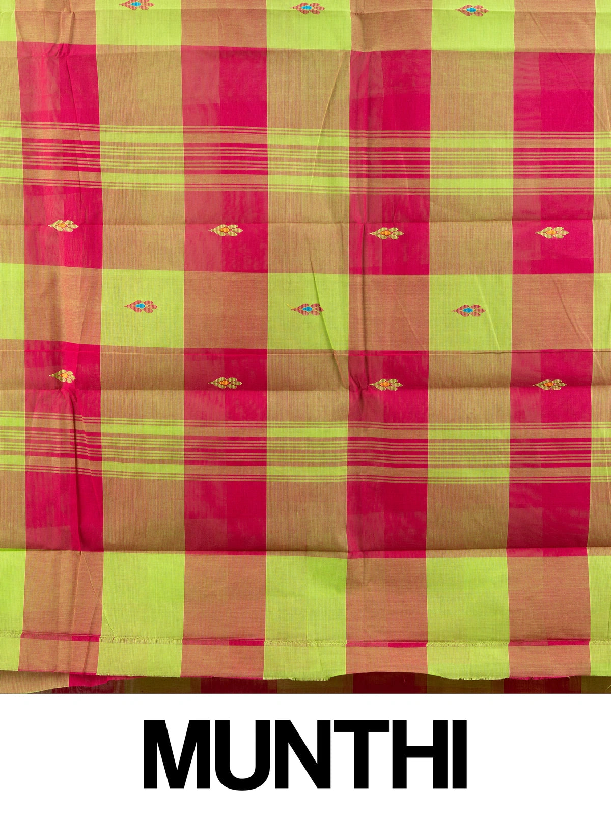 Pink and green checked Chettinad cotton saree with contrast lime-green floral border and woven leaf motifs