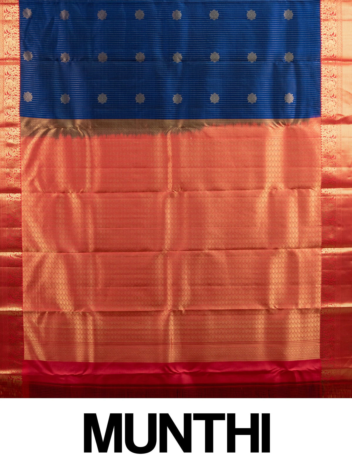 Navy blue pure Kanchipuram silk saree with gold zari stripes, floral buttas and contrast red gold zari border