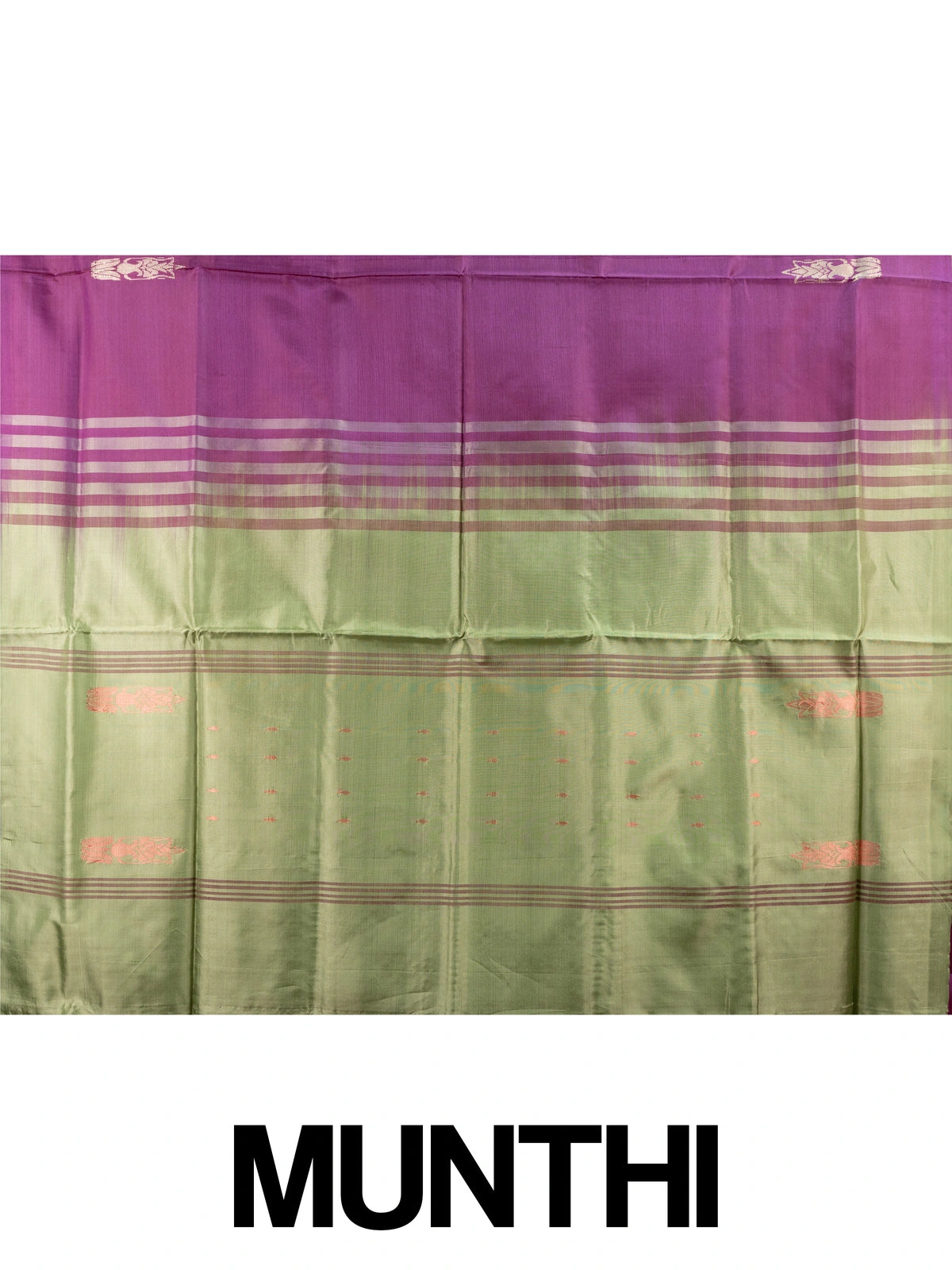 Purple banana silk saree with contrast green zari border and striped pallu