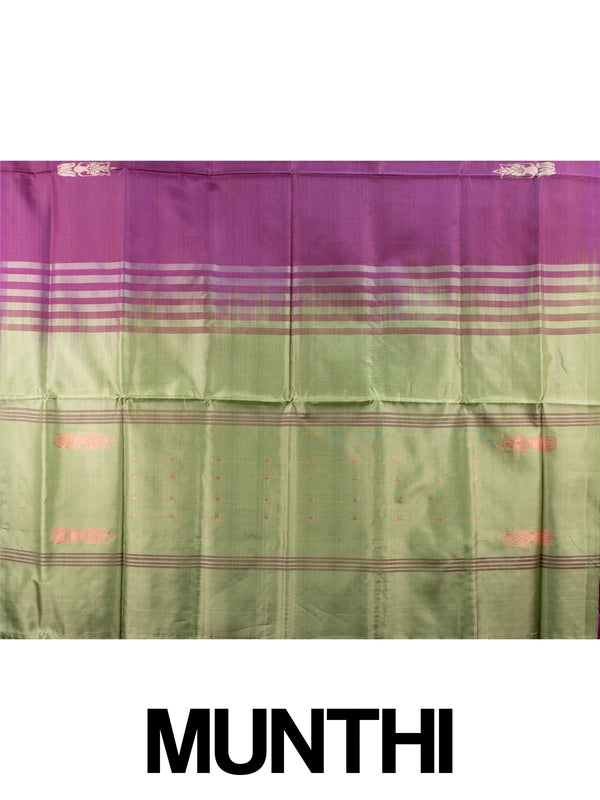 Purple banana silk saree with contrast green zari border and striped pallu