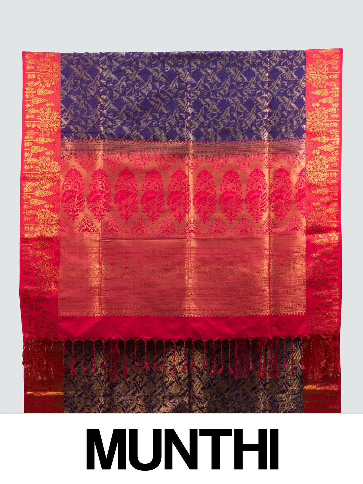 Purple Kanchipuram Fancy Silk saree with gold zari geometric body and contrast pink-red floral border and pallu