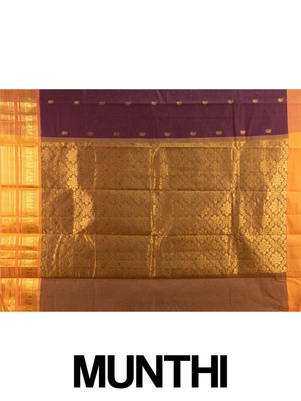 Maroon Chettinad cotton saree with contrast orange gold zari peacock border and zari buttas