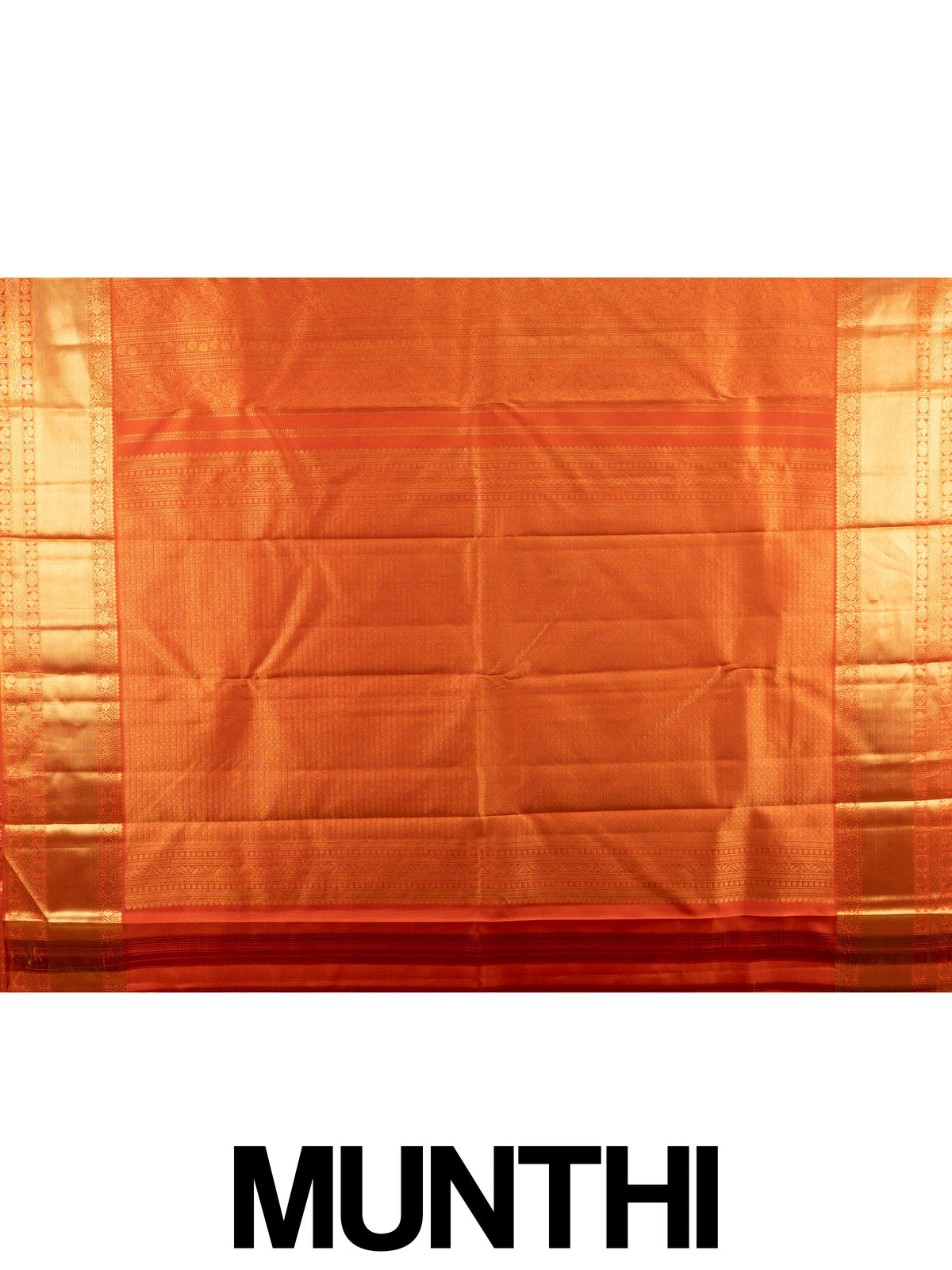 Orange pure Kanchipuram silk saree with allover gold zari brocade and wide gold zari border