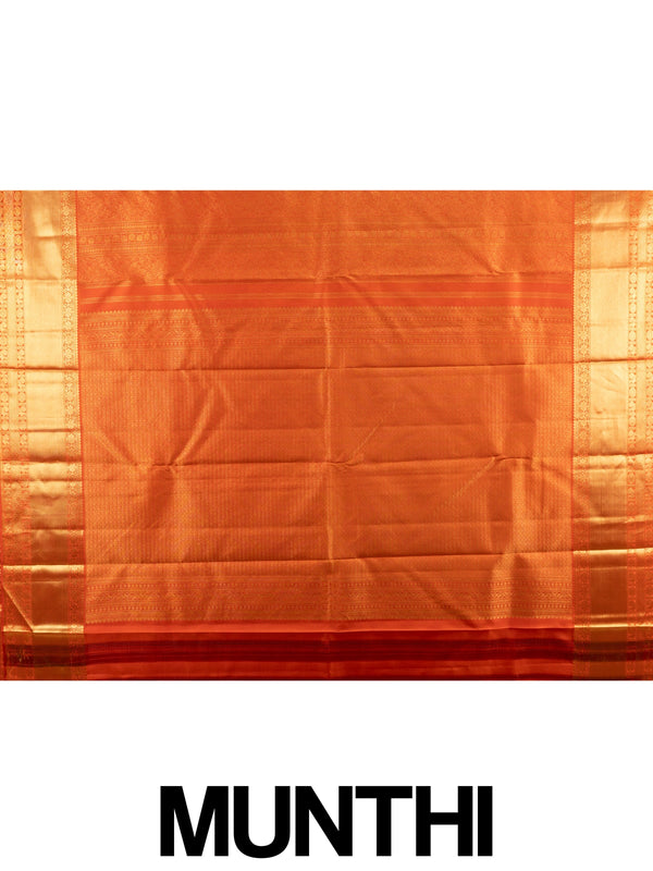 Orange pure Kanchipuram silk saree with allover gold zari brocade and wide gold zari border