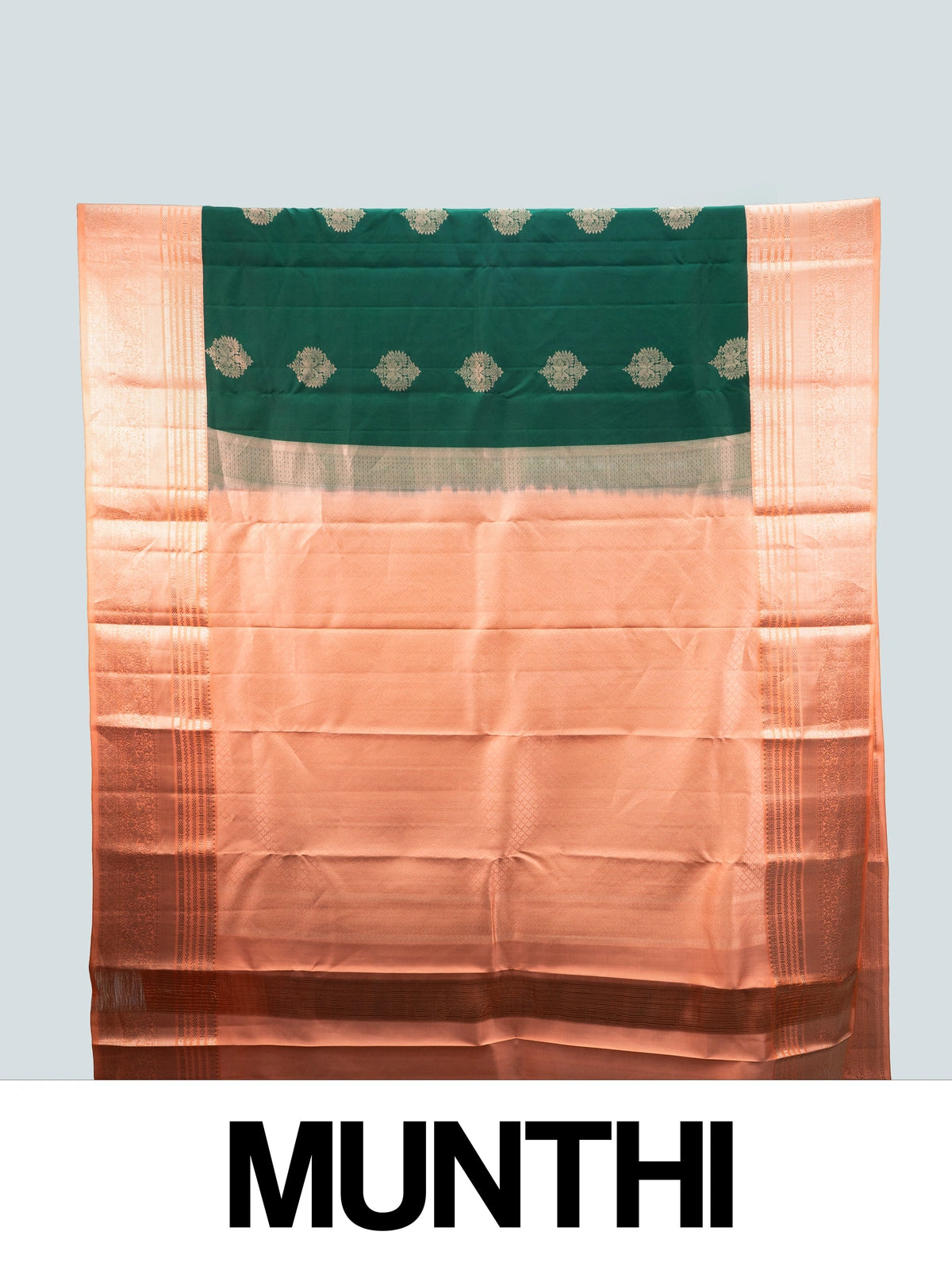 Bottle green pure Kanchipuram silk saree with contrast peach copper-zari border and pallu