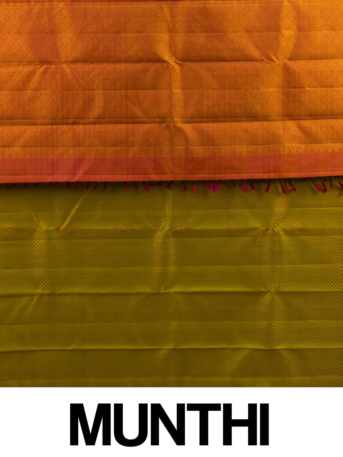 Lime green pure Kanchipuram silk saree with contrast orange gold zari border and pallu