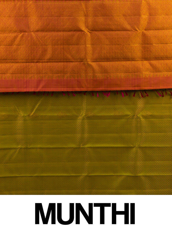 Lime green pure Kanchipuram silk saree with contrast orange gold zari border and pallu