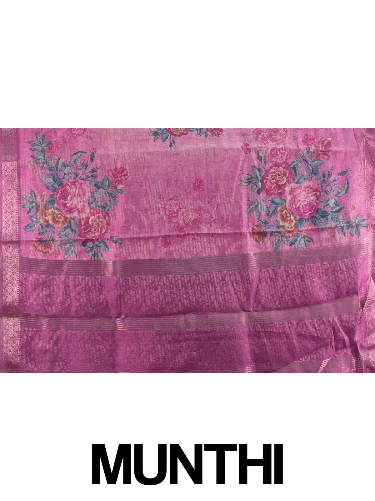 Pink semi tussar saree with floral print body and magenta zari border