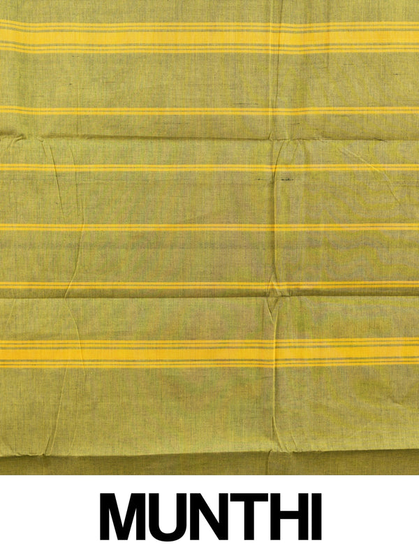 Mehndi green Chettinad cotton saree with black and gold zari border and striped yellow pallu