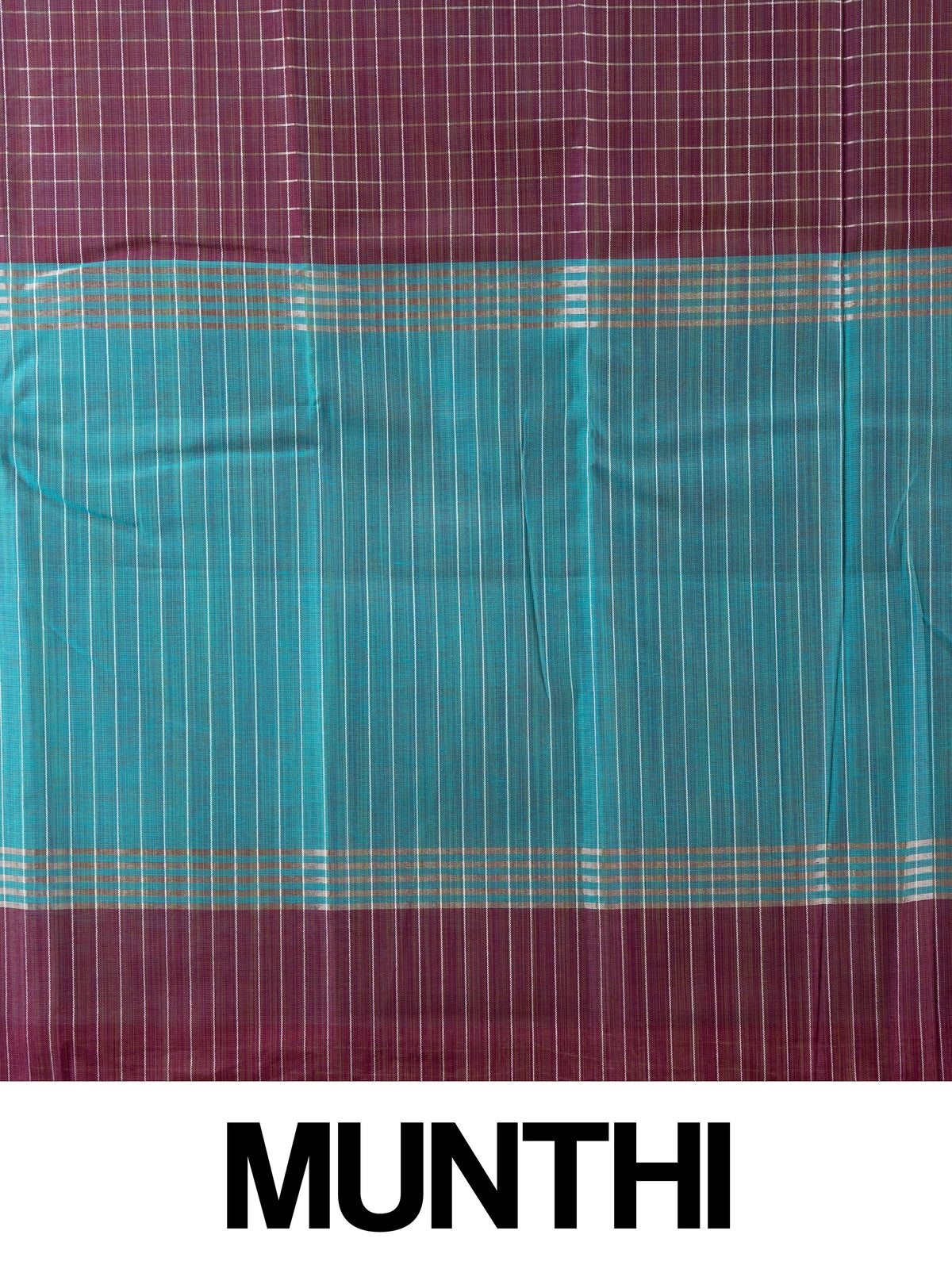 Wine purple checked linen cotton saree with contrast teal pallu and border