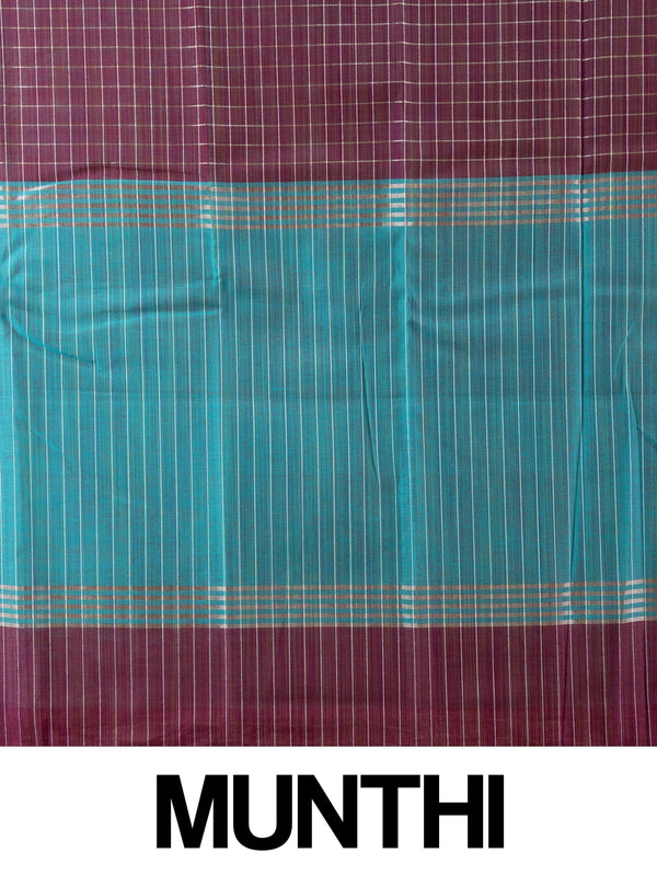 Wine purple checked linen cotton saree with contrast teal pallu and border