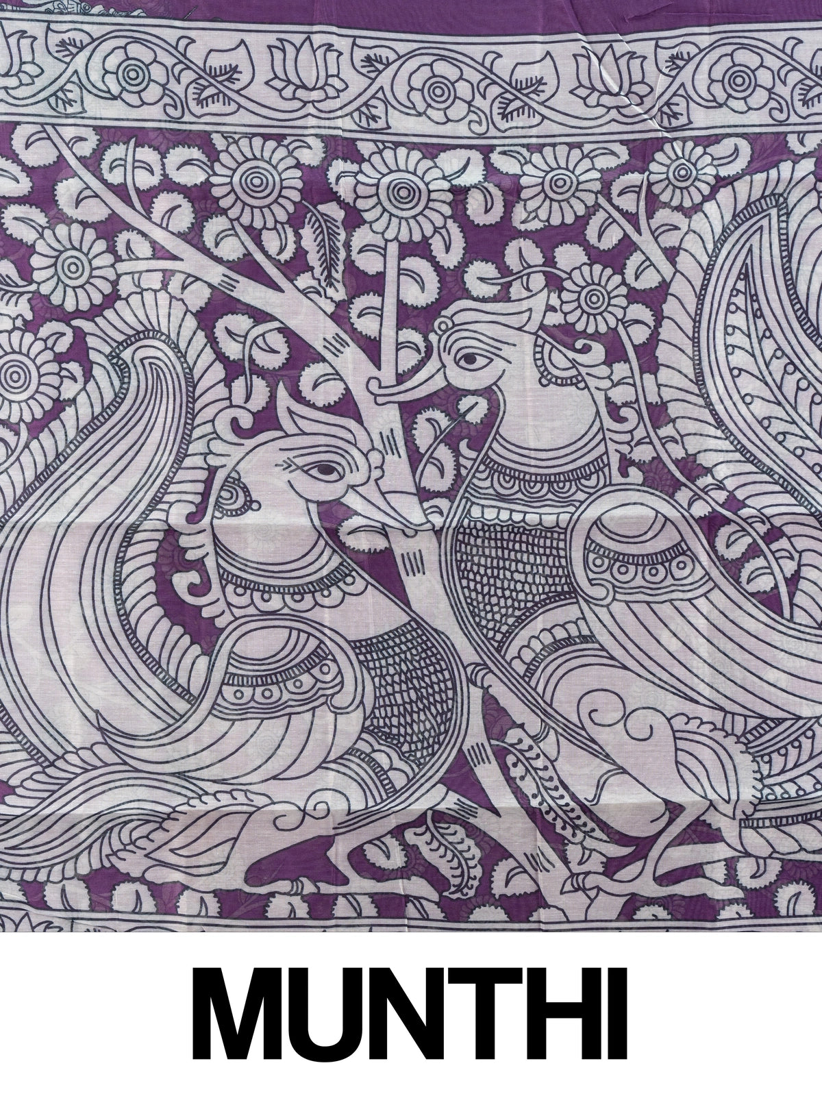 Purple linen cotton saree with white Kalamkari peacock pallu and copper zari border