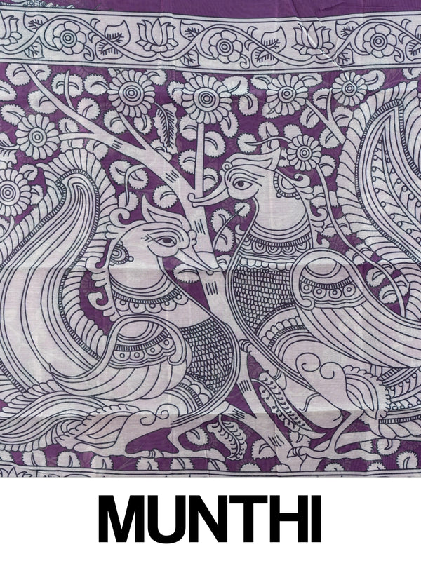 Purple linen cotton saree with white Kalamkari peacock pallu and copper zari border