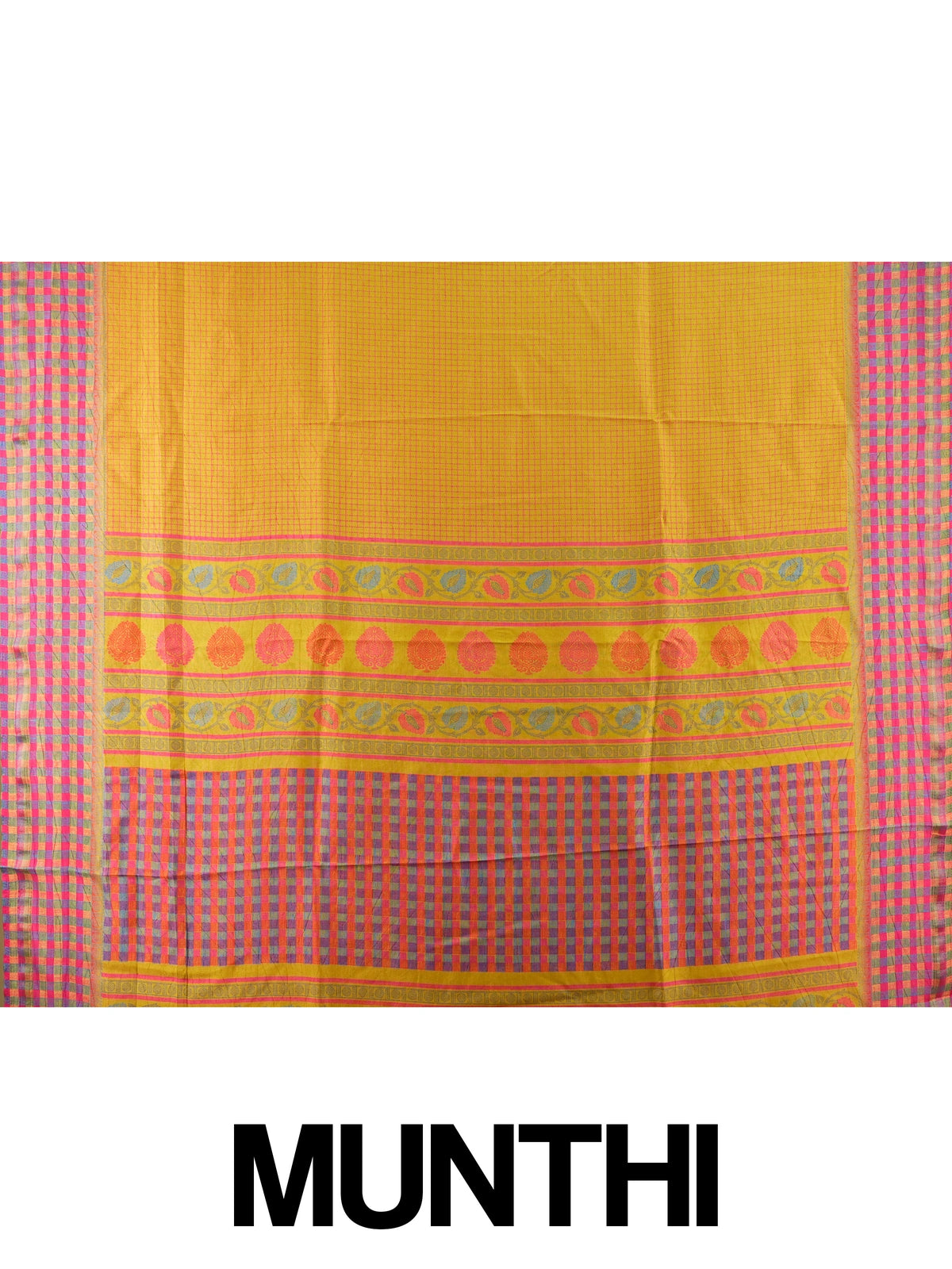 Mustard yellow Dola silk saree with pink checks and contrast multicolour checked border