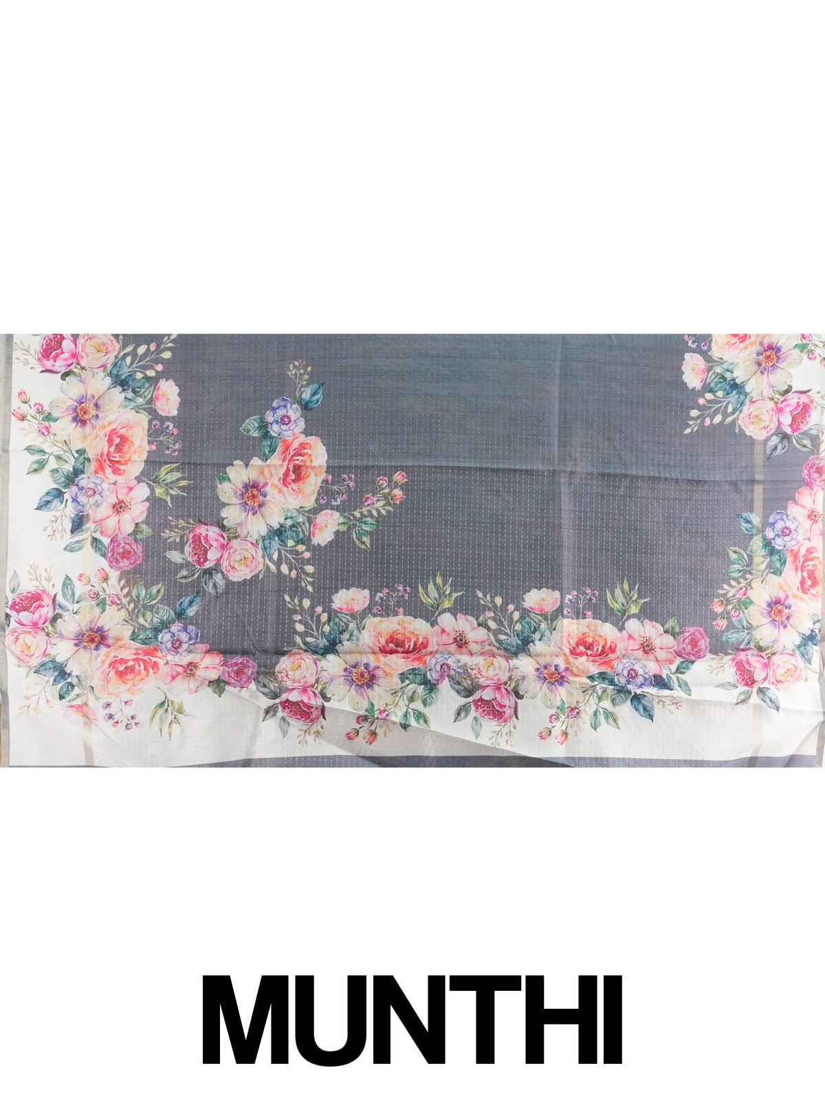 Grey semi tussar saree with cream floral borders, multicolour floral prints and a zari-dot textured body