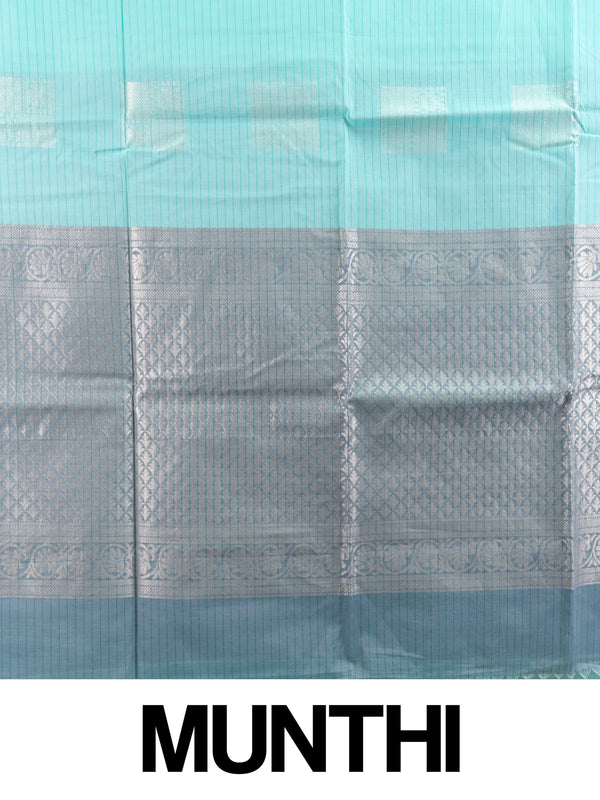 Aqua blue silk cotton saree with silver zari buttas and contrast grey-blue zari border