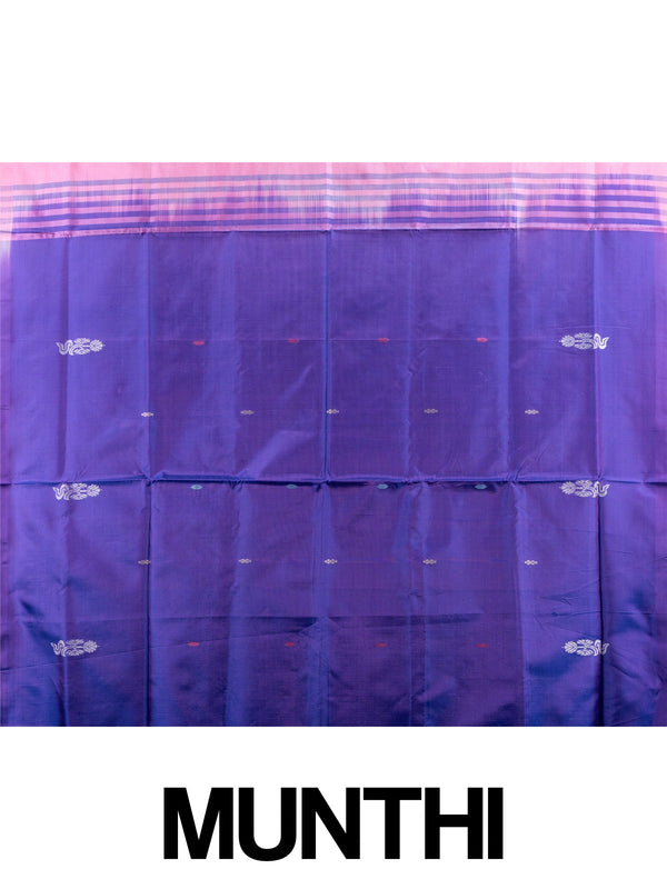Pink banana silk saree with contrast blue pallu, butta motifs and striped border