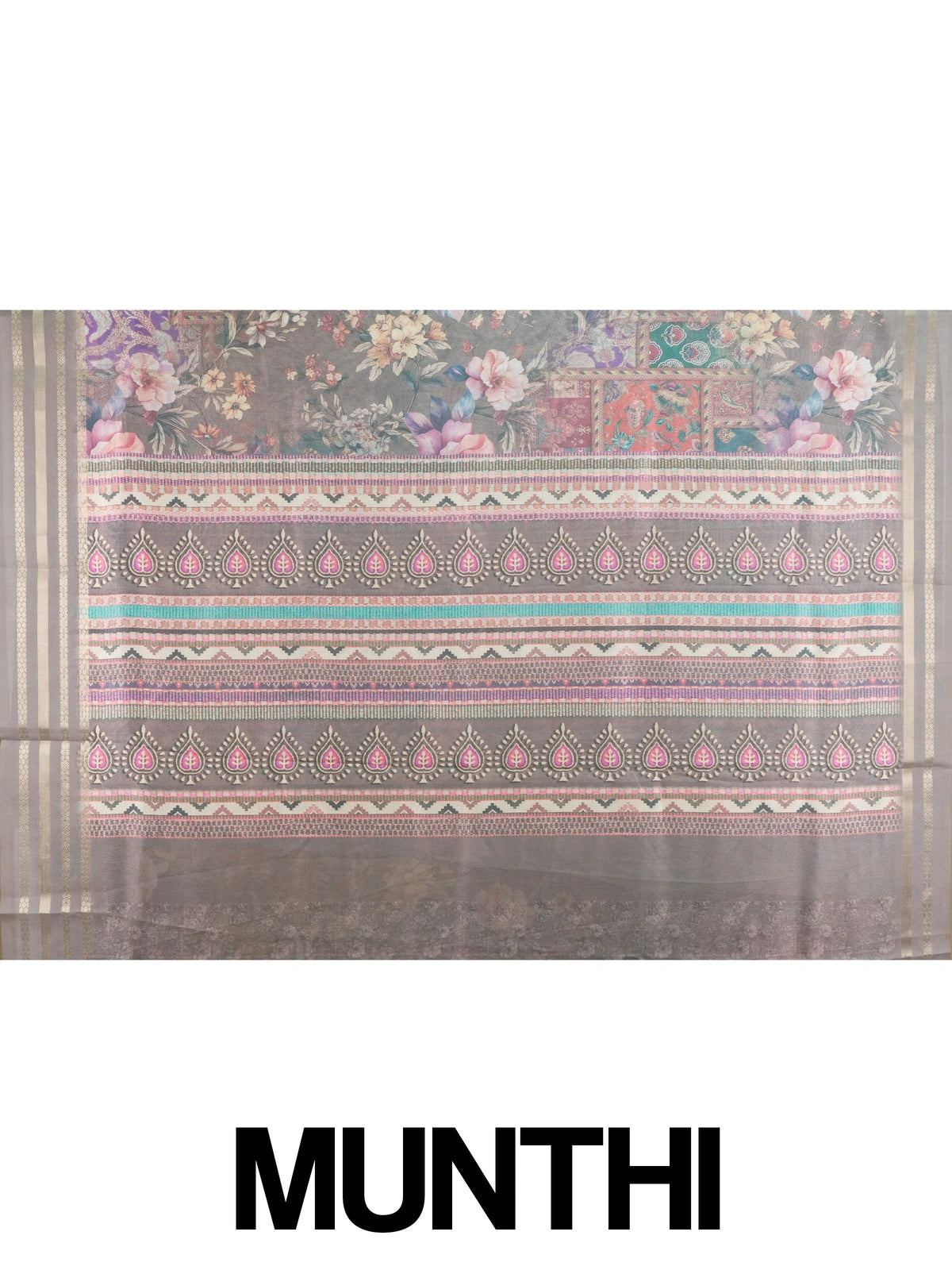 Grey organza designer saree with multicoloured floral print and gold zari border