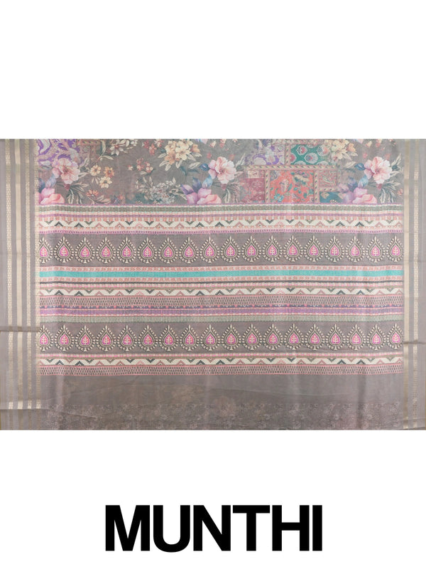 Grey organza designer saree with multicoloured floral print and gold zari border