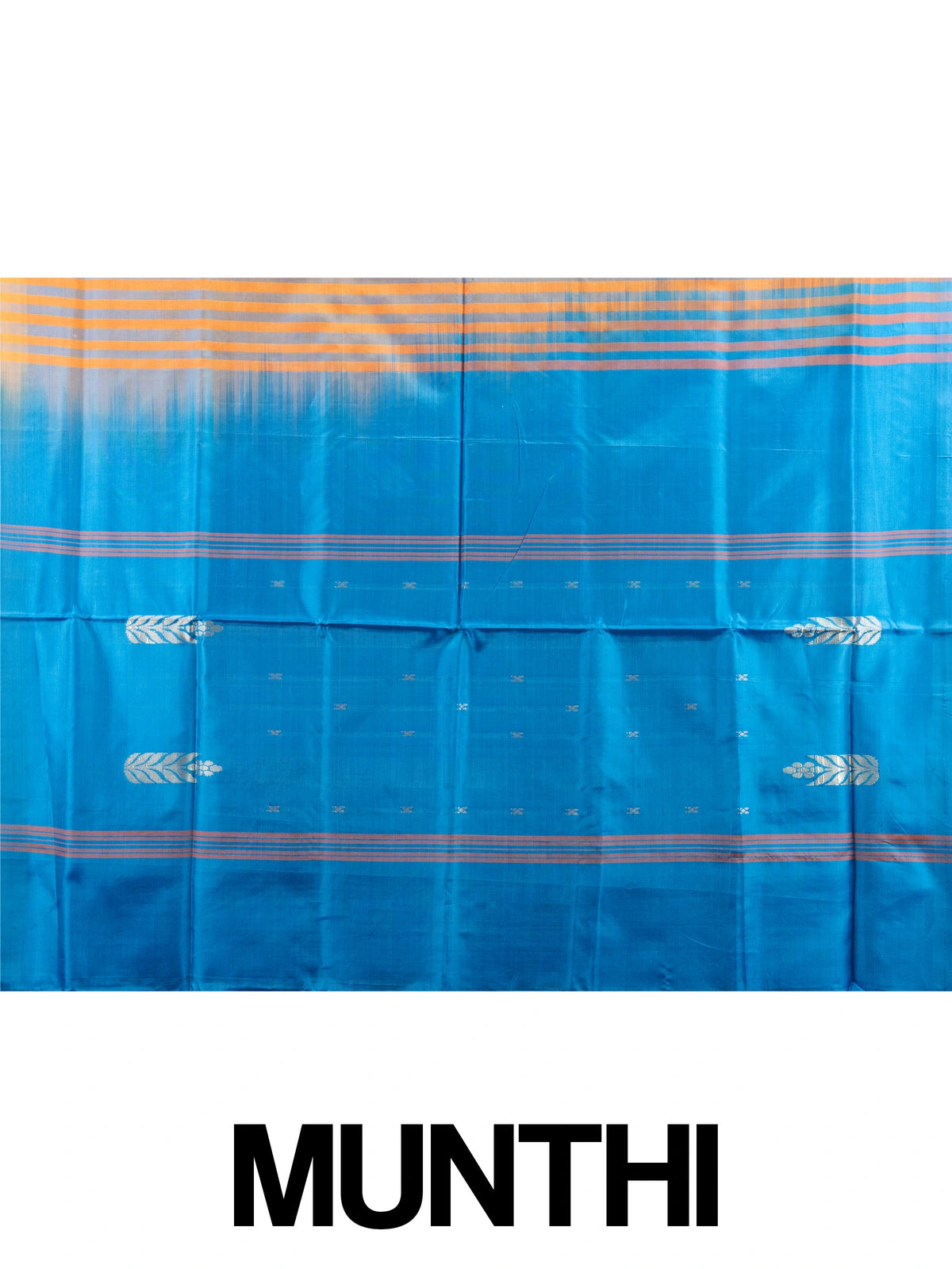 Orange banana silk saree with contrast blue pallu, woven buta motifs and silver zari leaf border