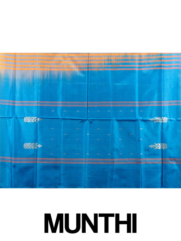 Orange banana silk saree with contrast blue pallu, woven buta motifs and silver zari leaf border