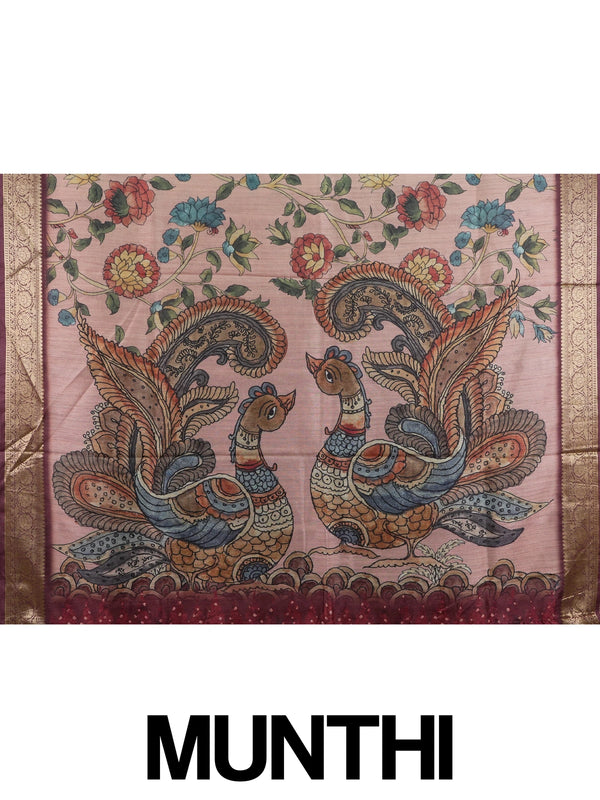 Dusty rose semi tussar saree with Kalamkari floral print, peacock pallu and maroon gold zari border