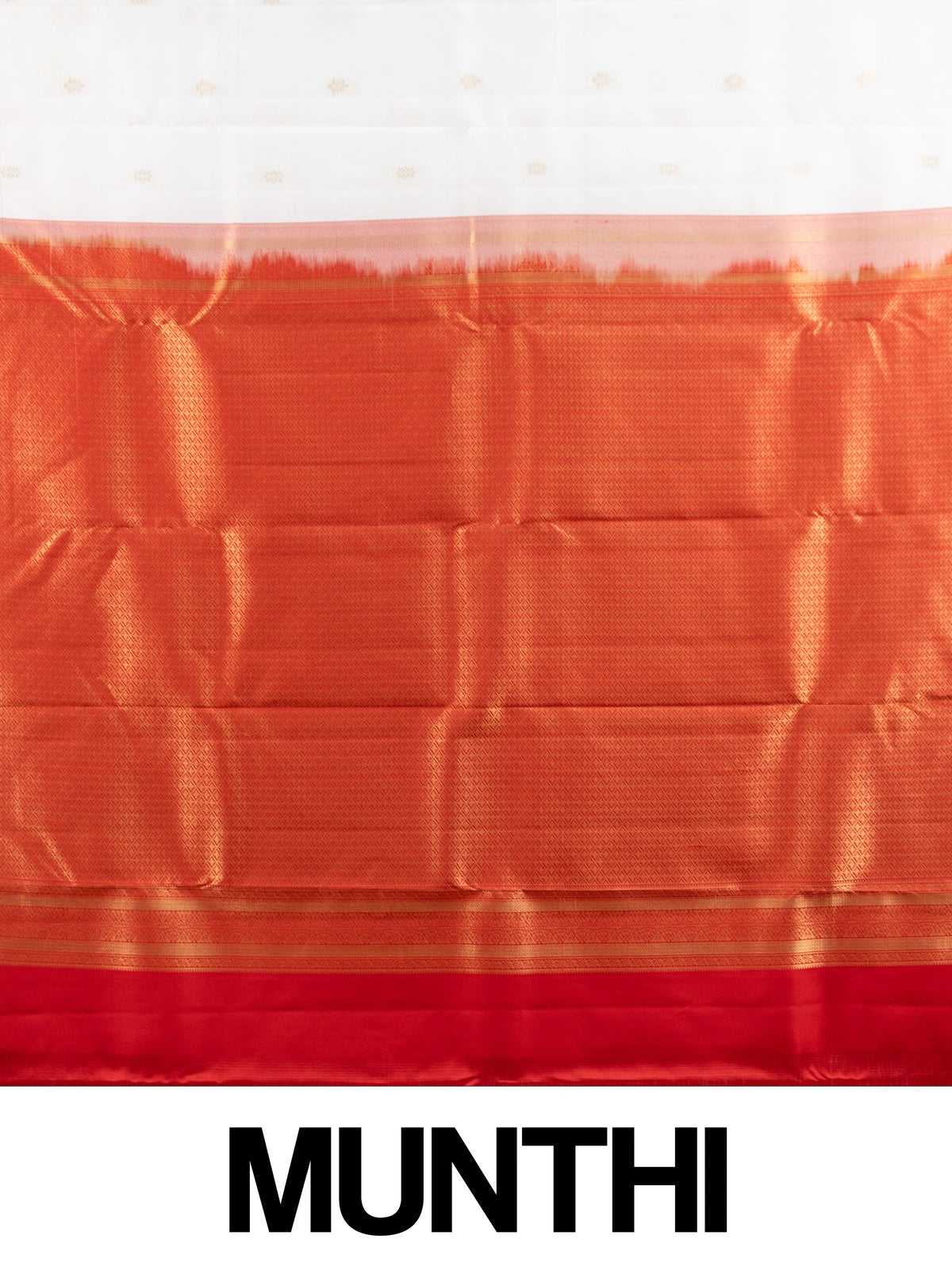 White pure Kanchipuram silk saree with contrast red border and gold zari buttas and pallu